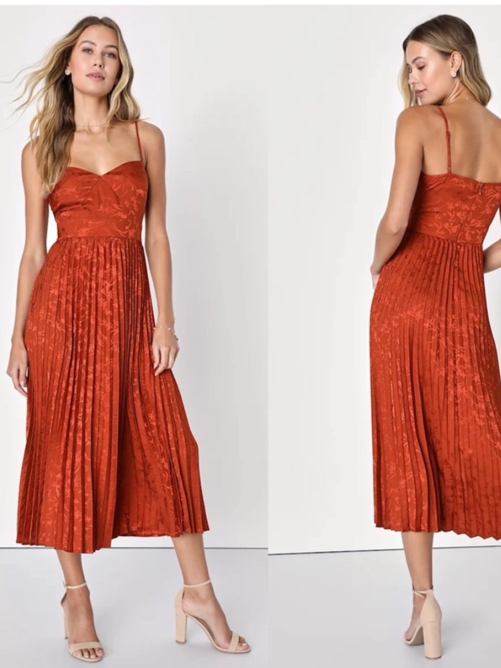 Lulu’s Regal Romance rust floral jacquard pleated satin midi dress. Size M.